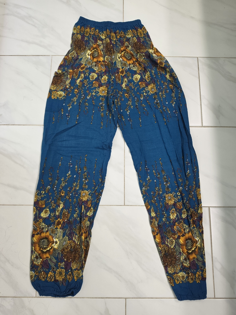 Teal Floral Print Smocked Waist Pants
